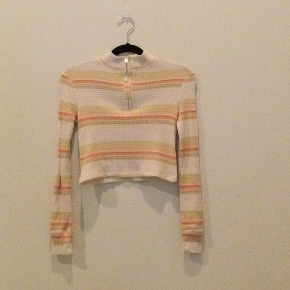 Cream Striped Mock Neck Cropped Long-Sleeve Too